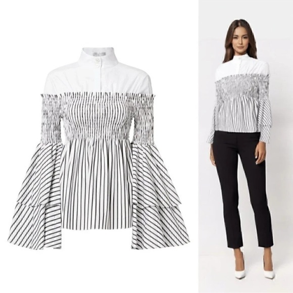 Caroline Constas Tops - Caroline Constas Ali Layered Striped Smocked Blouse with Bell Sleeves size L